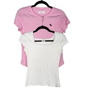 Abercrombie Kids Girls 15/ 16 Set of 2 Tees Pink Crew Neck Tee White Smocked Tee